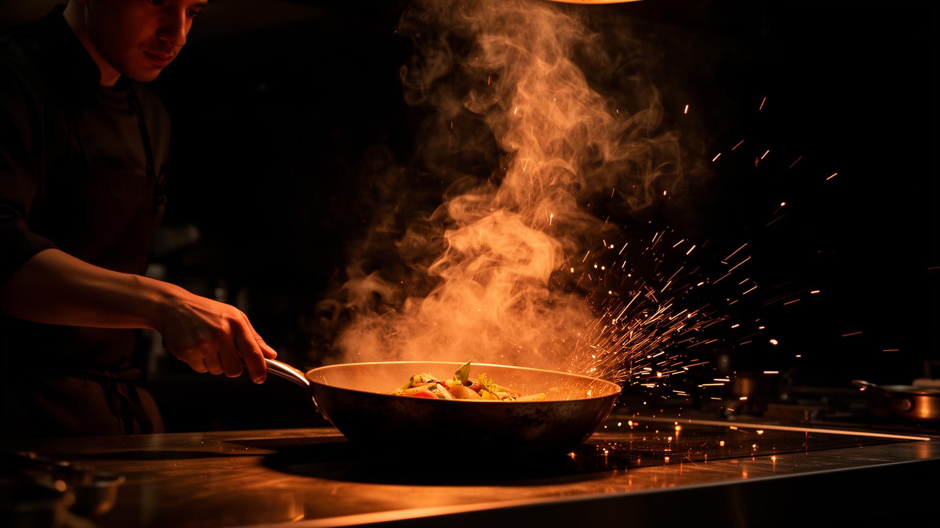 Chef preparing a sizzling dish at Du'aa Diner